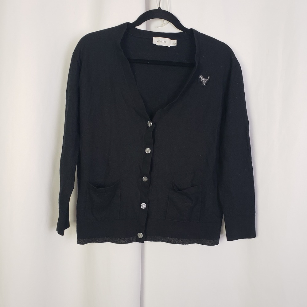 Coach 1941 Rexy Dinosaur Patch Black Cardigan Sweater XL Metallic Trim Pockets